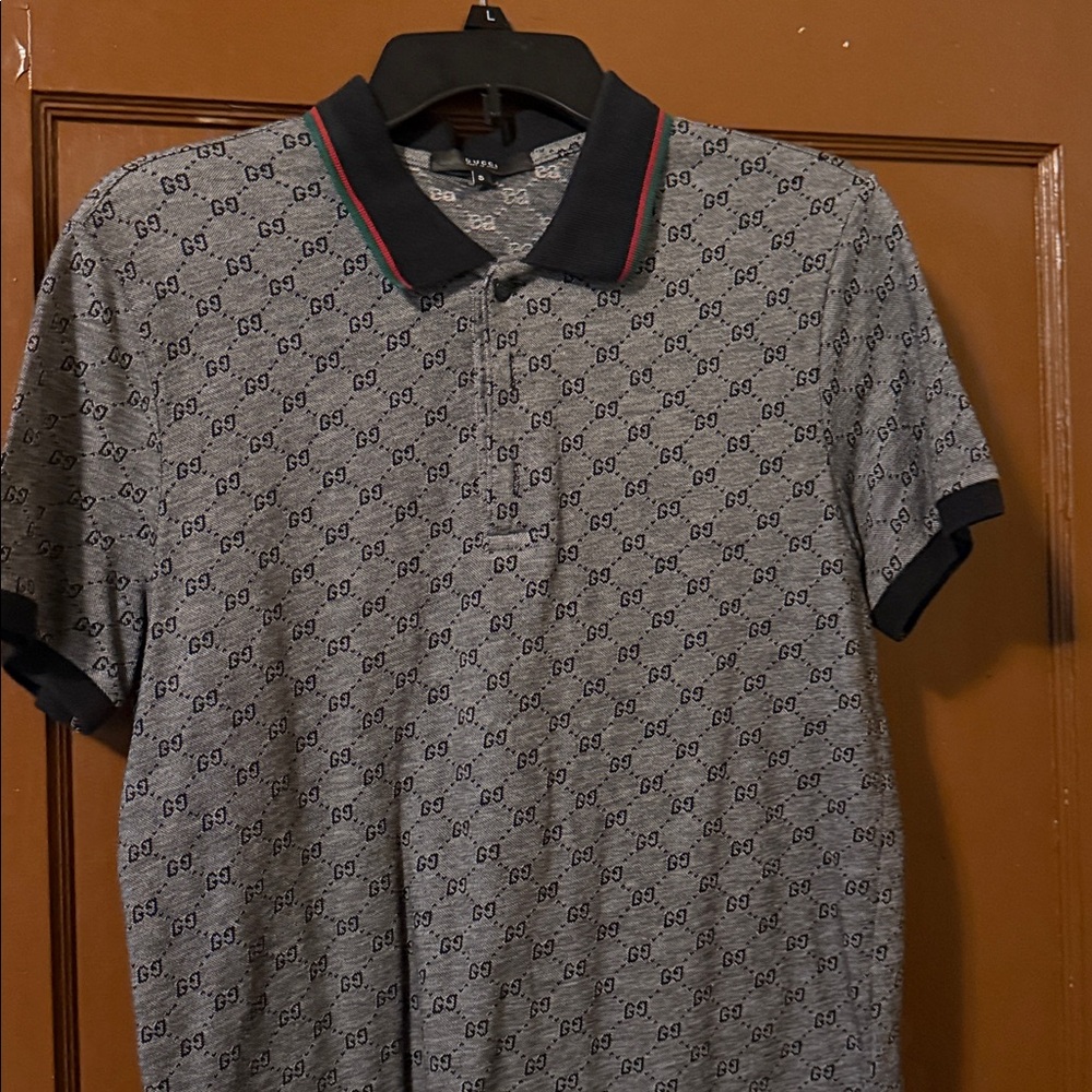 Gucci Gray Polo with Black and Red Accents